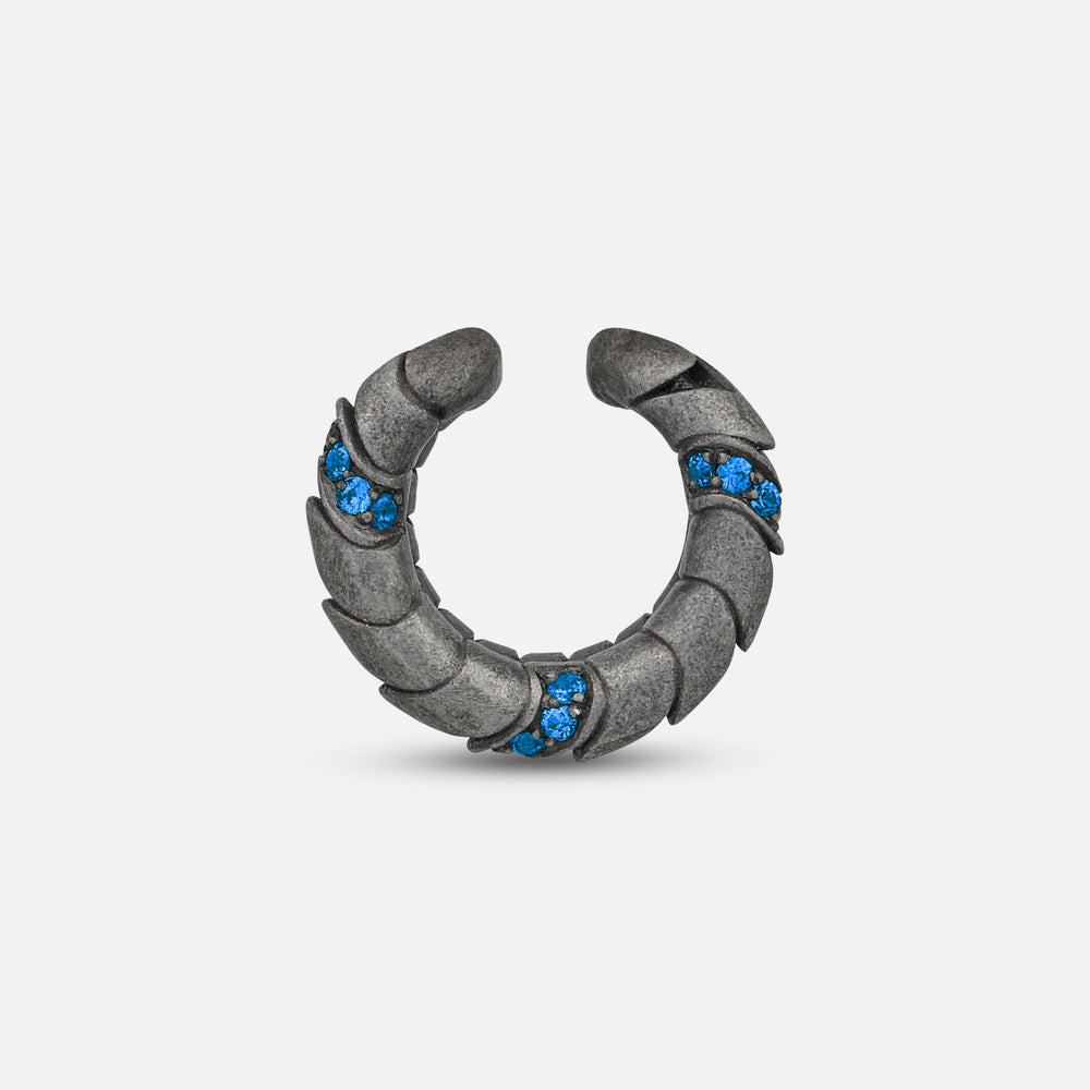 Side view of oxidized silver Iron Snake ear cuff showing Pavé sapphire detail.