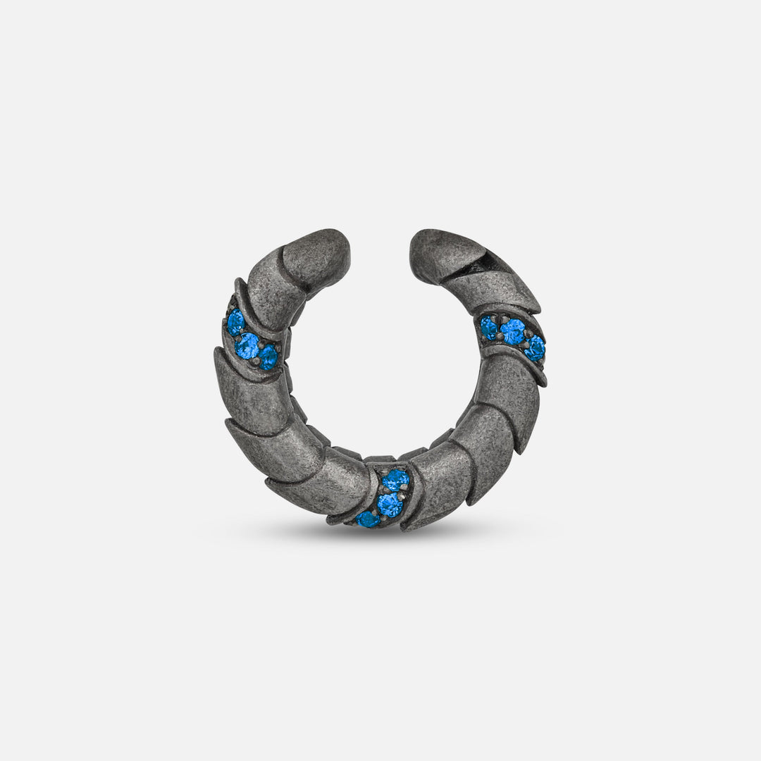 Side view of oxidized silver Iron Snake ear cuff showing Pave sapphire detail.