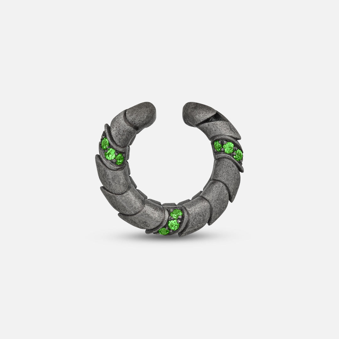 Side view of oxidized silver Iron Snake ear cuff showing Pave tsavorite detail.