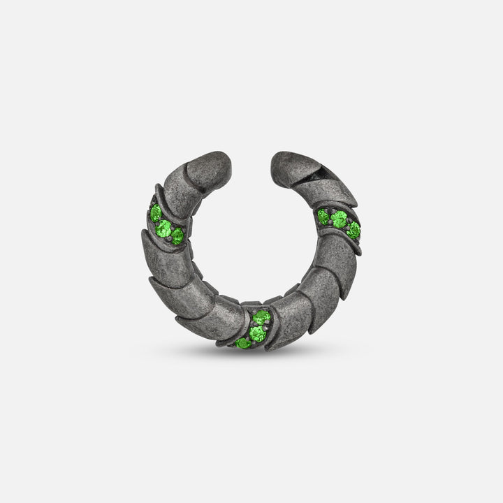 Side view of oxidized silver Iron Snake ear cuff showing Pave tsavorite detail.