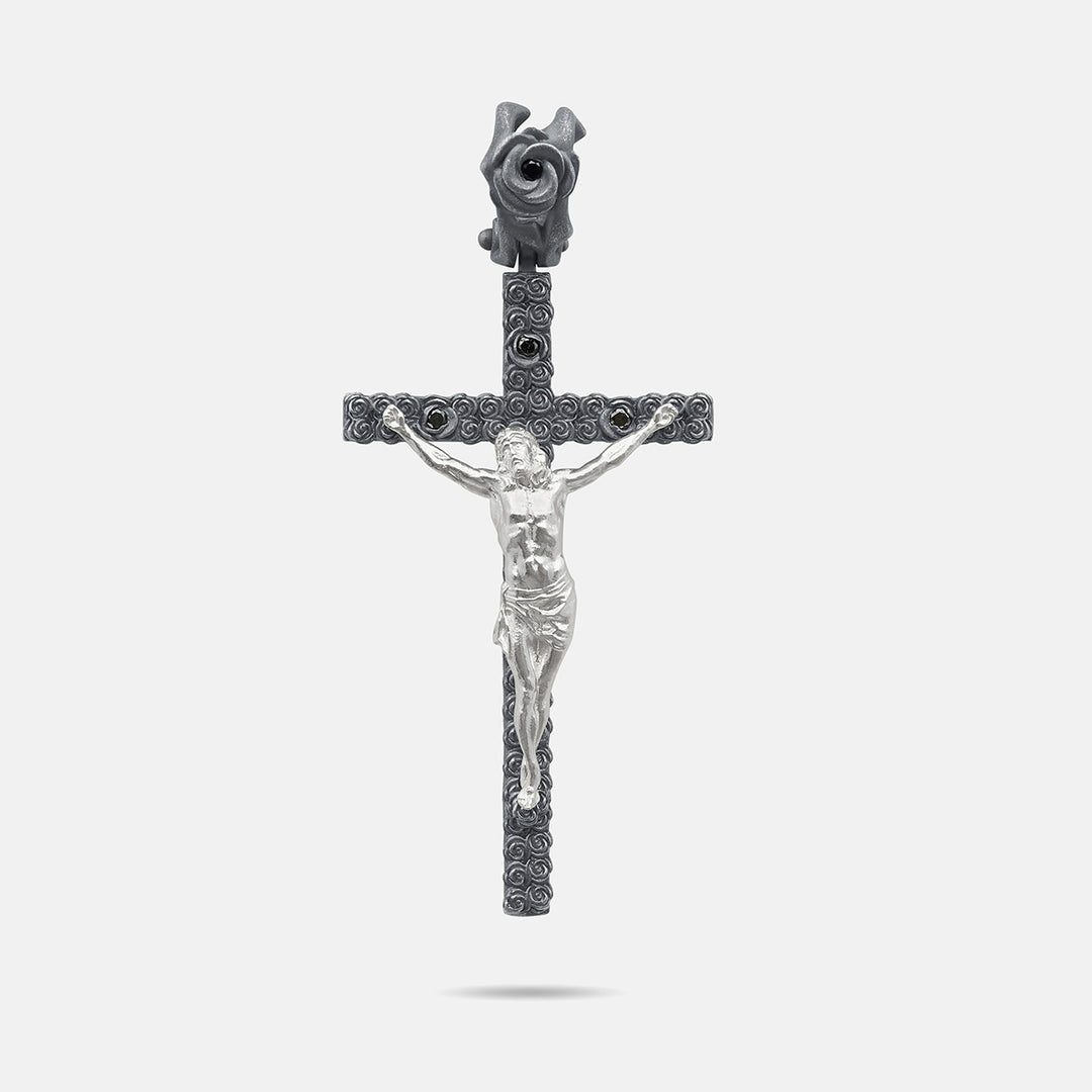 Diamonds N Roses Silver Crucifix Amulet Black Diamonds-Standard View