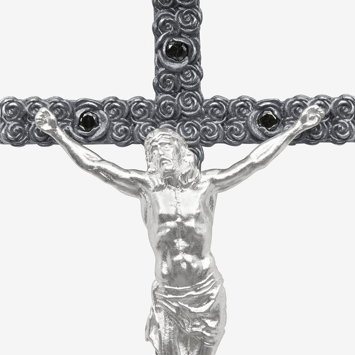 Diamonds N Roses Silver Crucifix Amulet Black Diamonds-Straight View