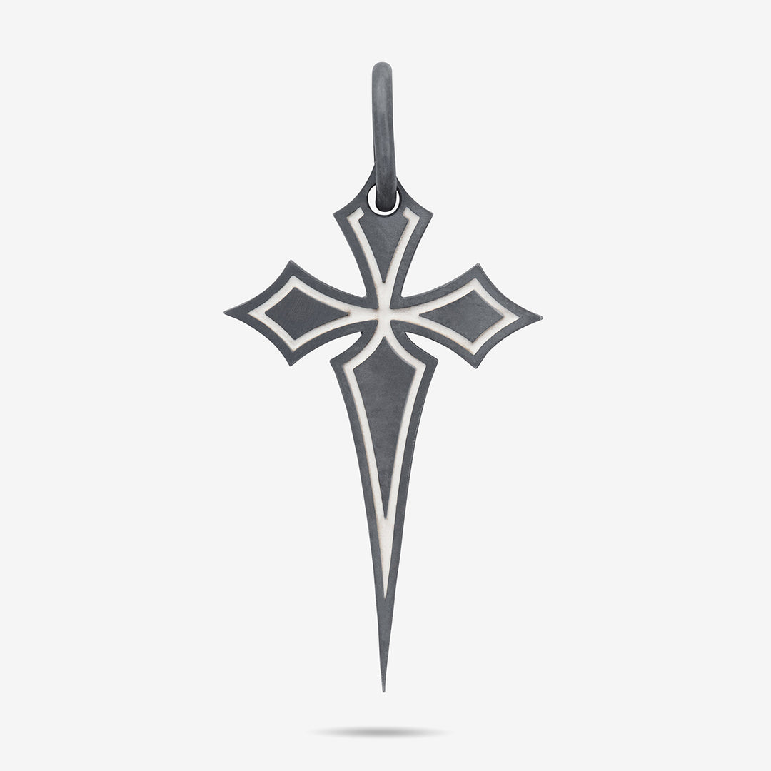 THE CROSS Gothic Amulet with Enamel, Oxidized Silver, Ivory Enamel-Standard View