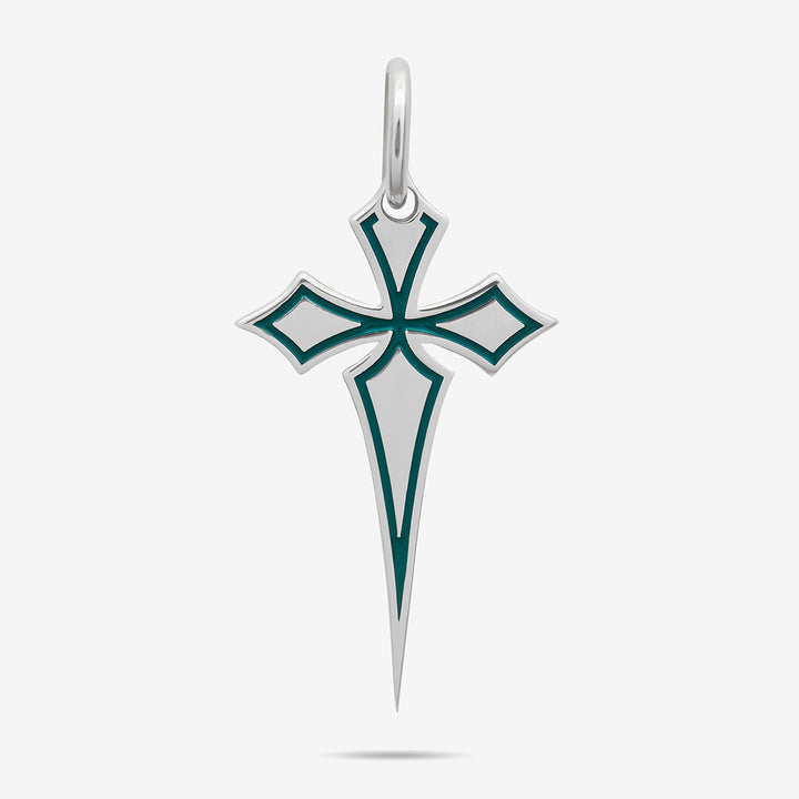 THE CROSS Gothic Amulet with Enamel, Polished Silver, Green Enamel-Standard View