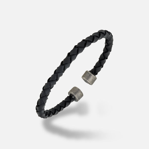 Acies Leather Cuff | Oxidized Silver, Black Enamel & Black Leather