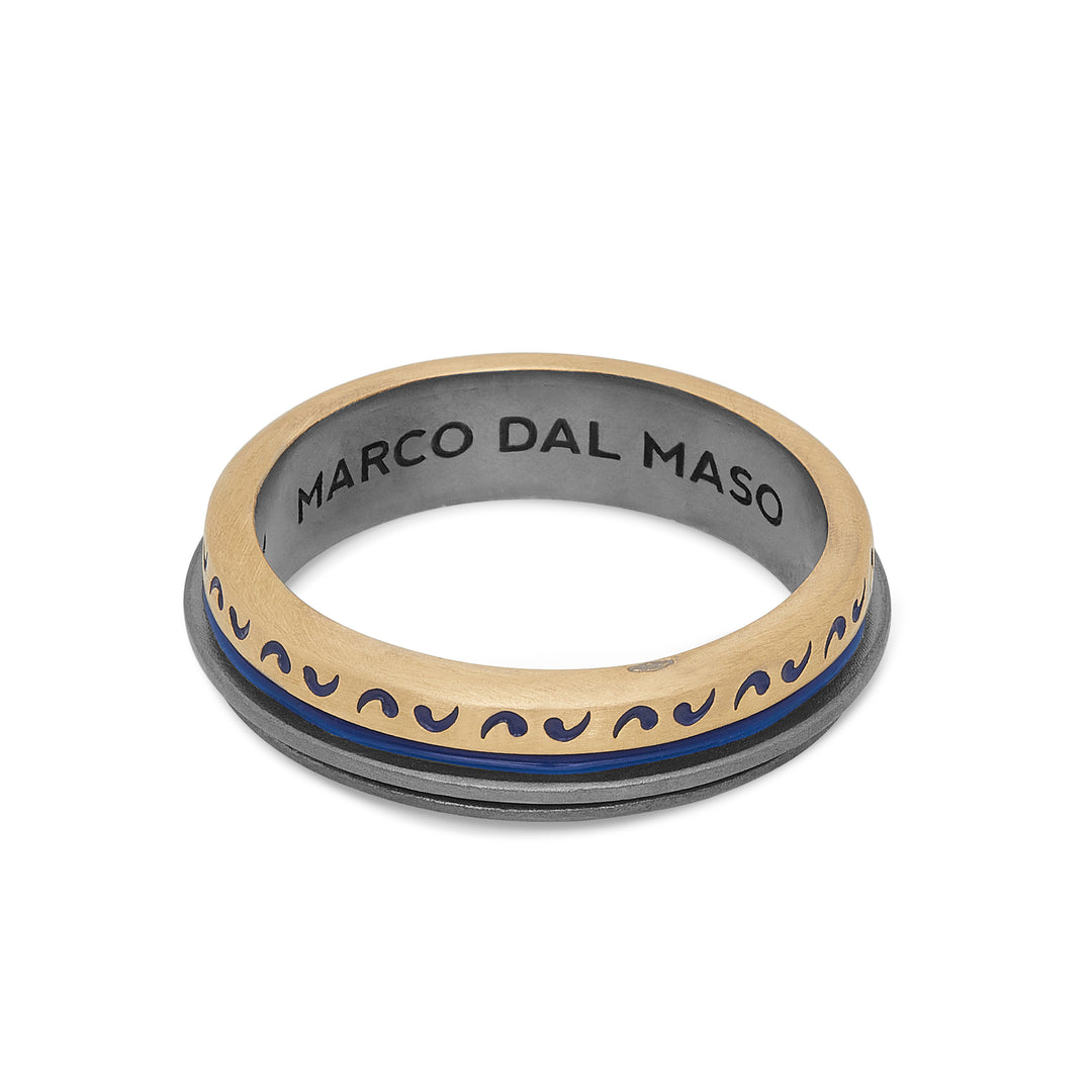 ACIES Mixed Metal Slim Band with 18K Brushed Yellow Gold and Blue Enamel