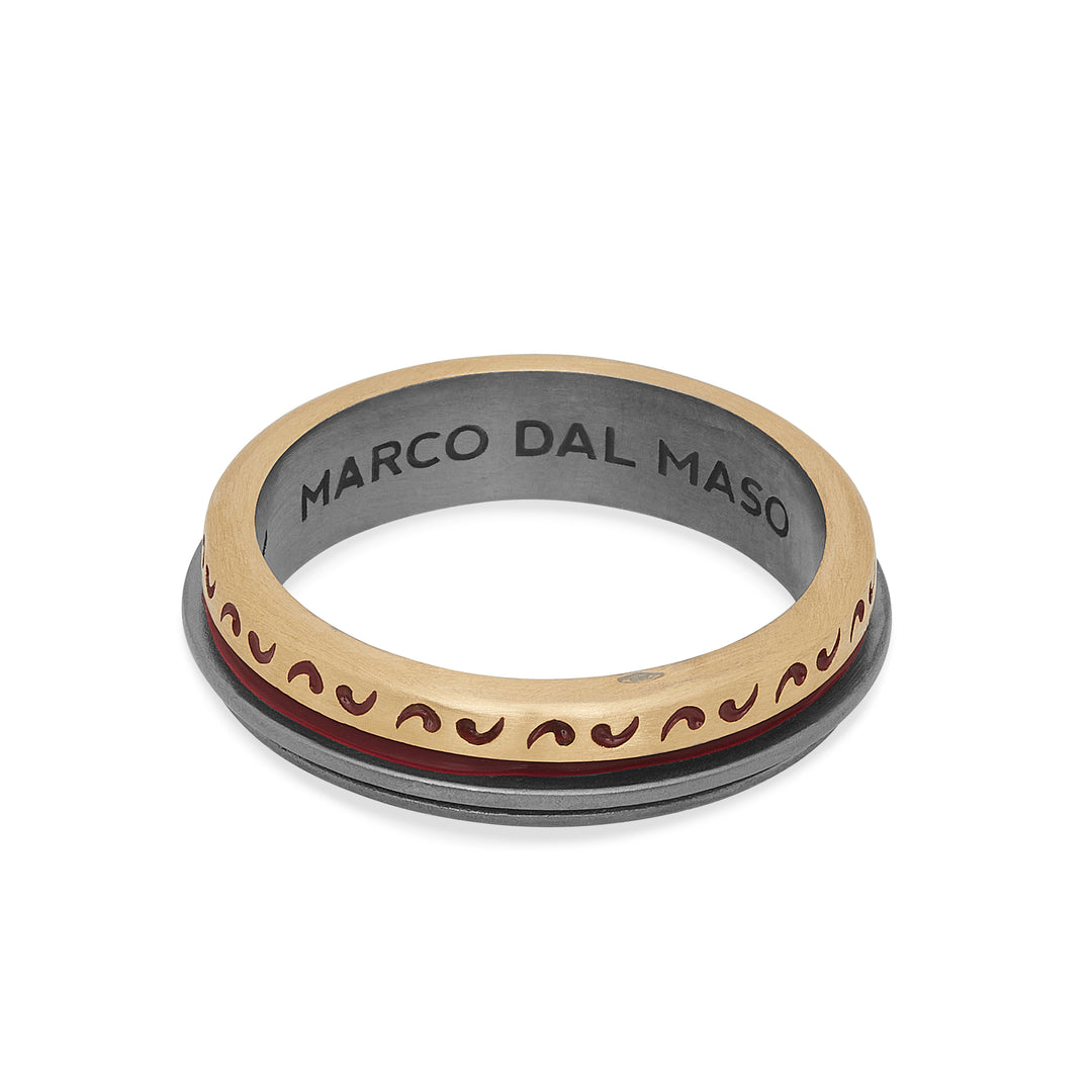 ACIES Mixed Metal Slim Band with 18K Brushed Yellow Gold and Red Enamel
