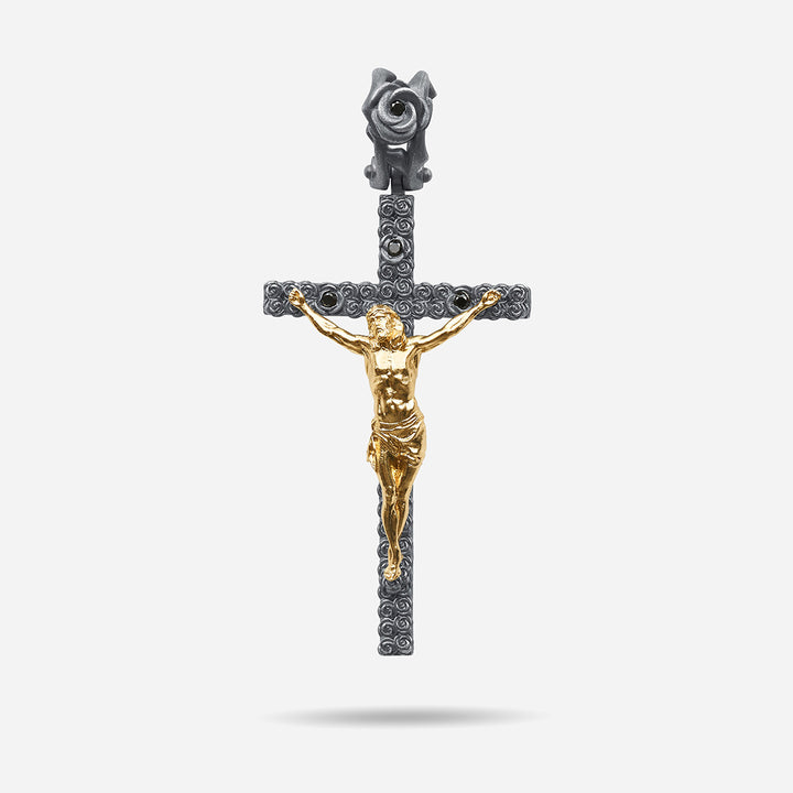 Diamonds N Roses Polished Yellow Gold Crucifix Amulet Black Diamonds-Standard View