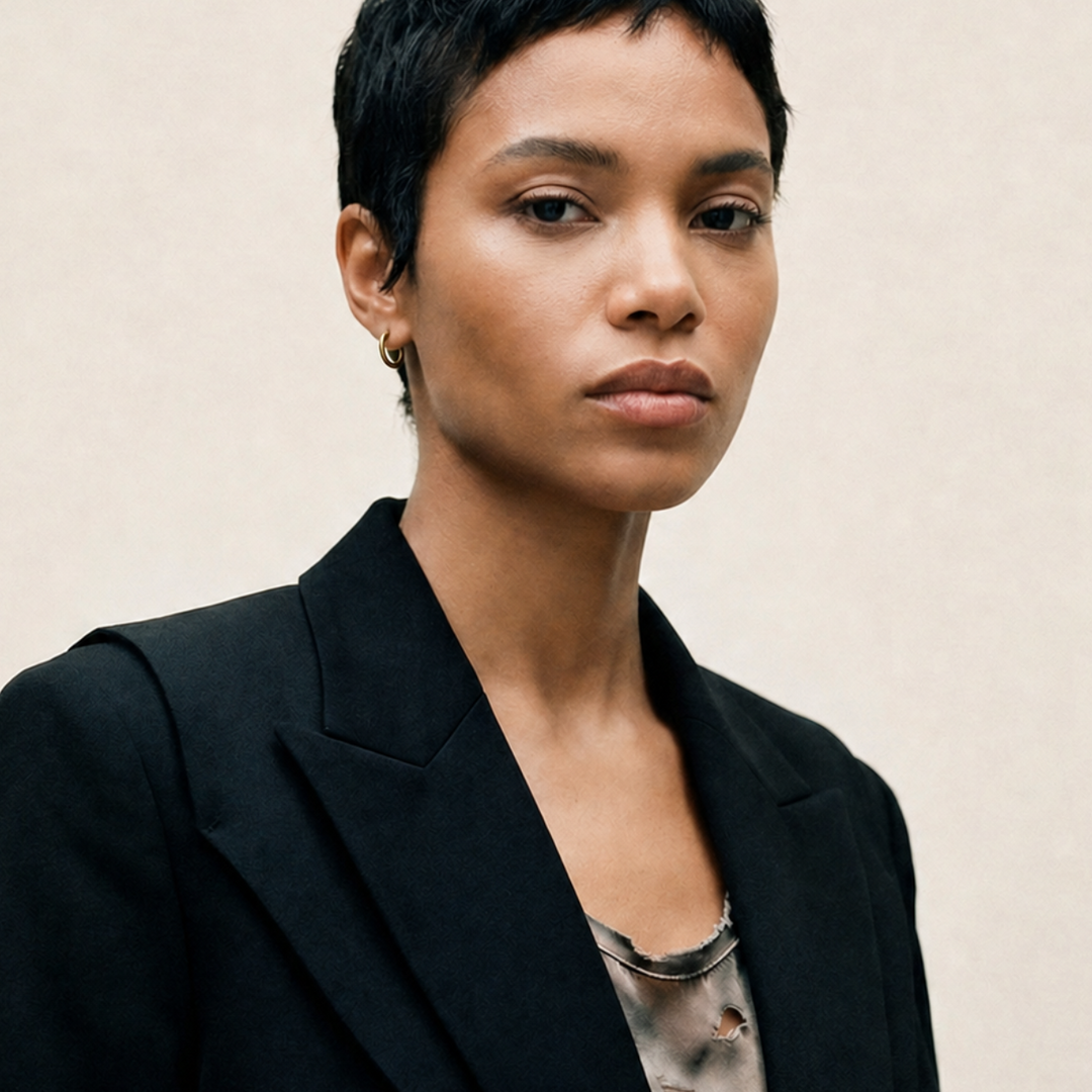 Woman wearing a black blazer against a beige background