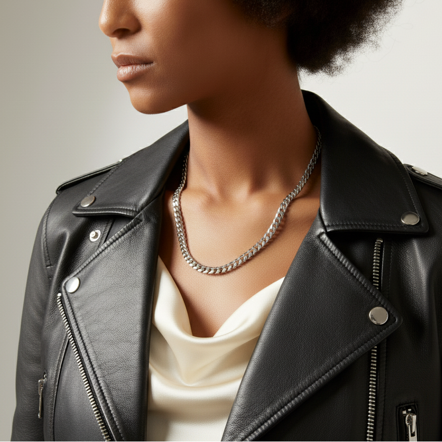 woman wearing leather jacket and silver necklace