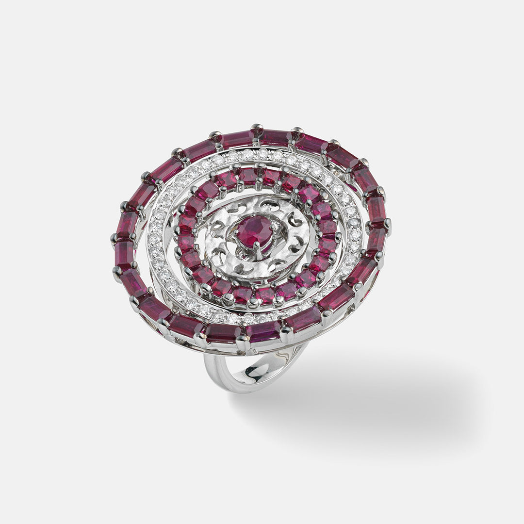Amaia Twilight Baguette Ring in white gold with ruby and pavé white diamonds