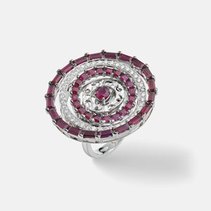 Amaia Twilight Baguette Ring in white gold with ruby and pavé white diamonds