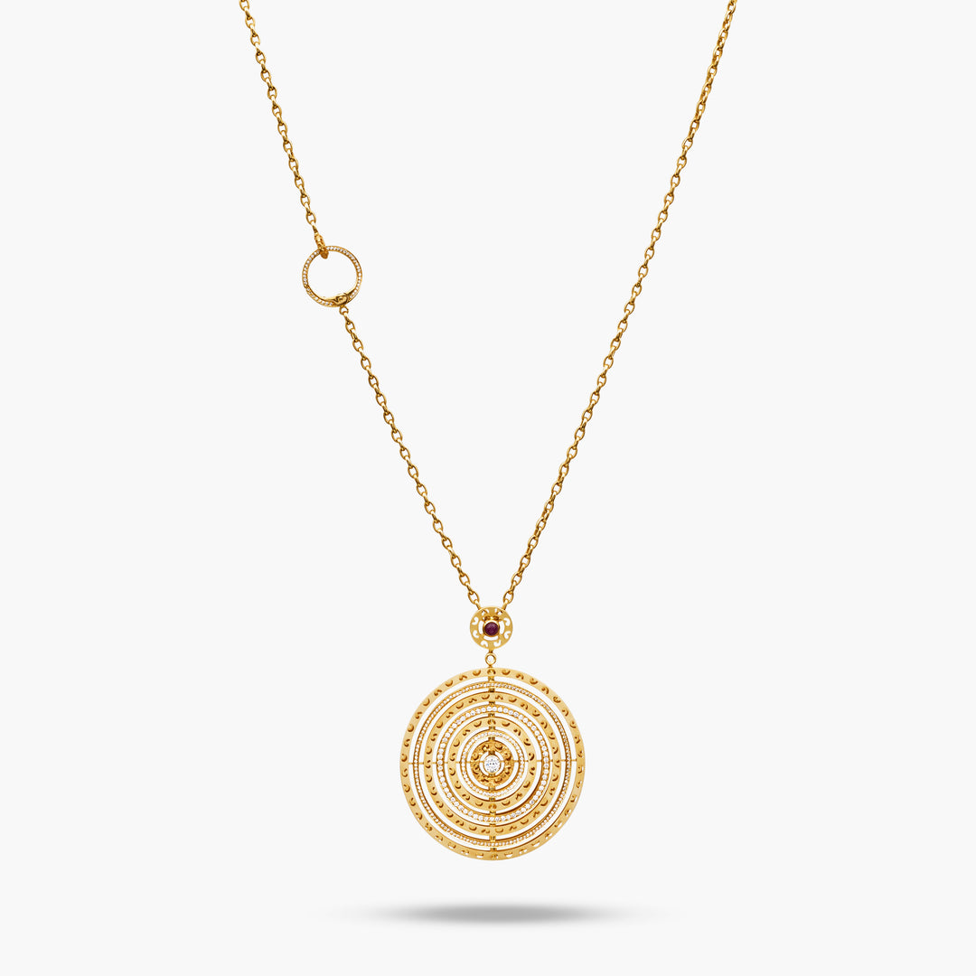 Amaia Twilight Pendant in 18k yellow gold with white diamonds and red sapphire