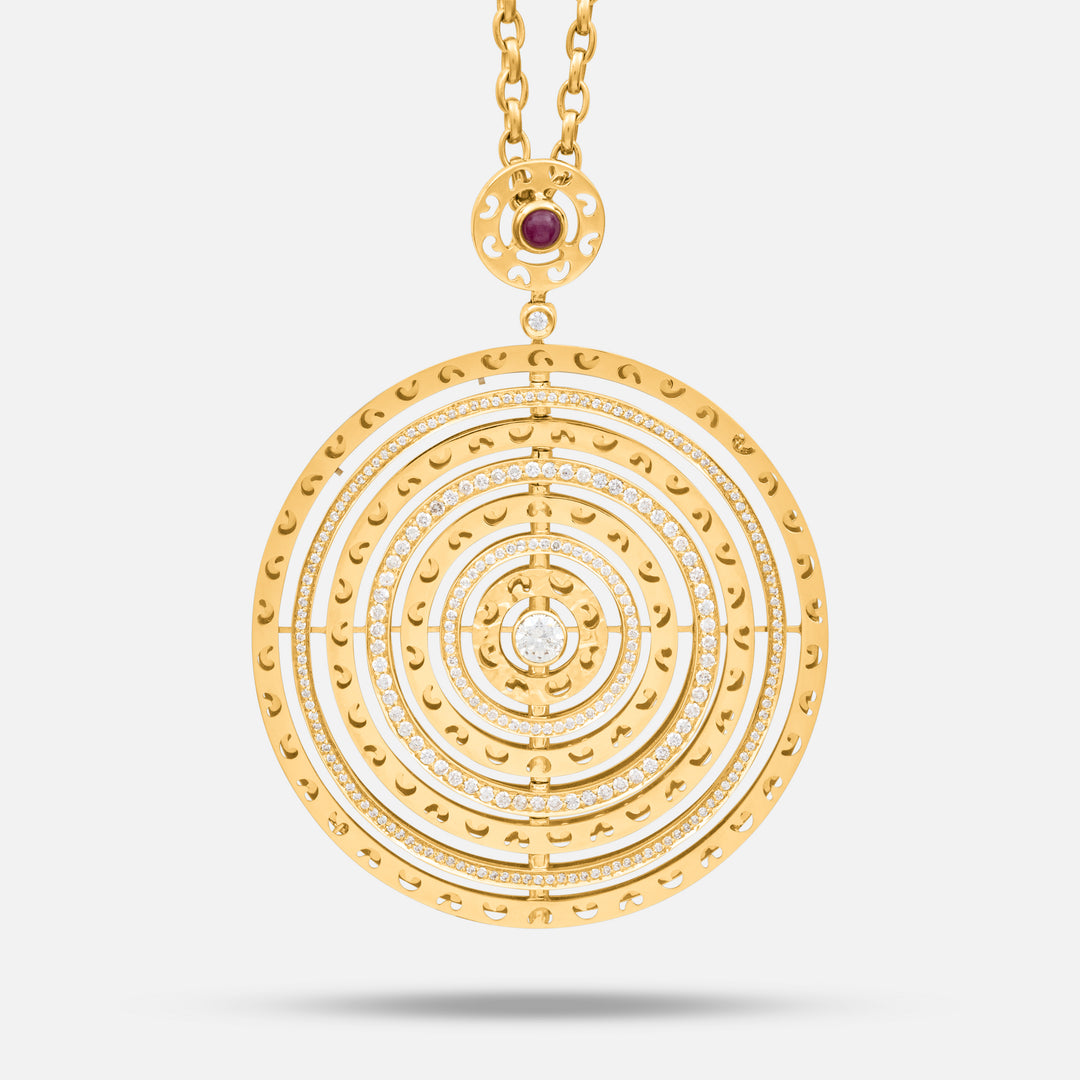 Close-up of Amaia Twilight Pendant showing pavé diamond and sapphire detail.
