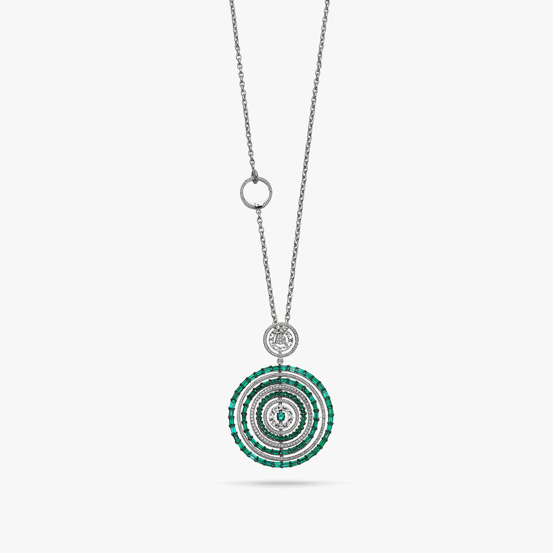Amaia Twilight Baguette Pendant in 18k white gold with green emerald and white diamonds