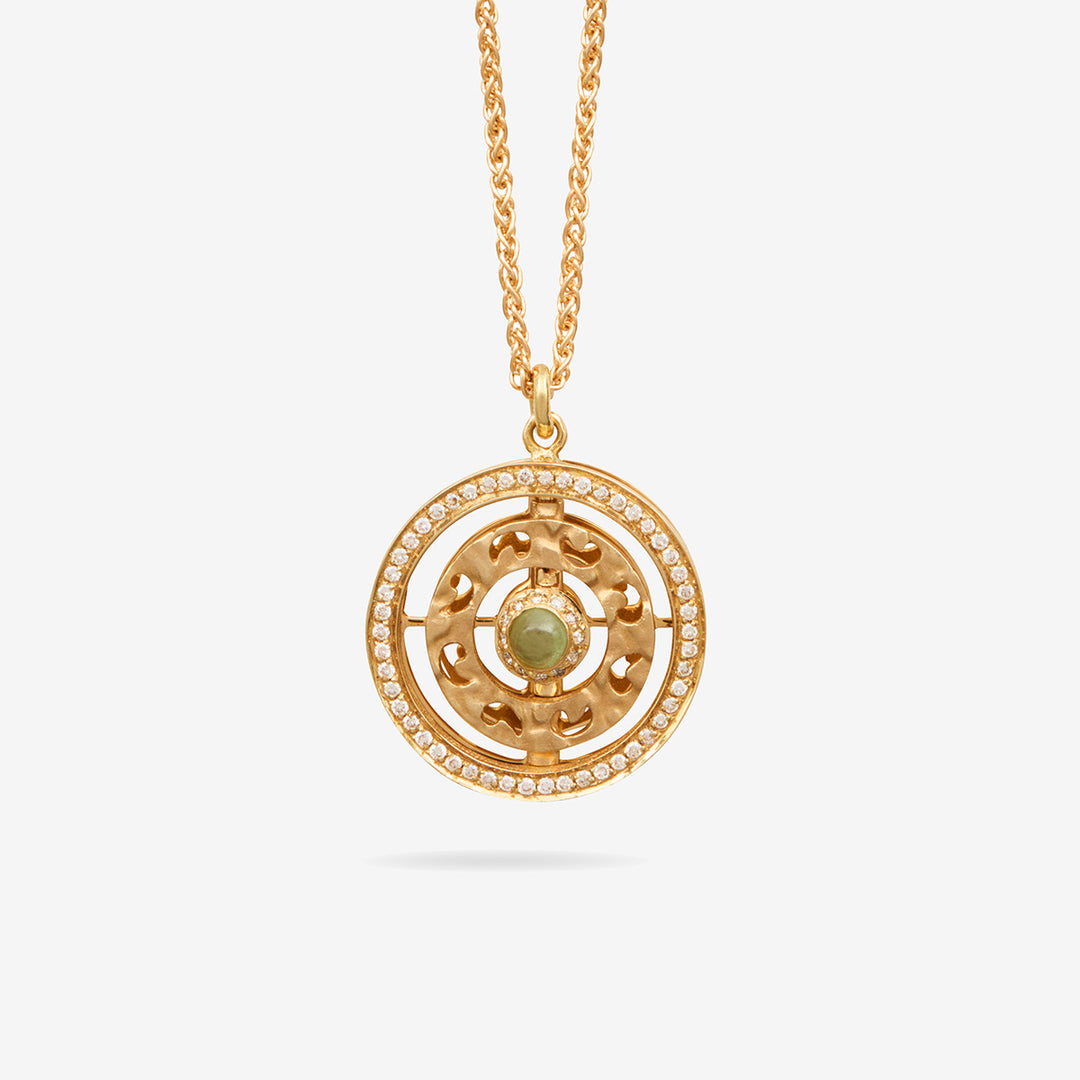 Close-up of Amaia Twilight Diamond Pendant showing brushed gold and gemstone contrast.