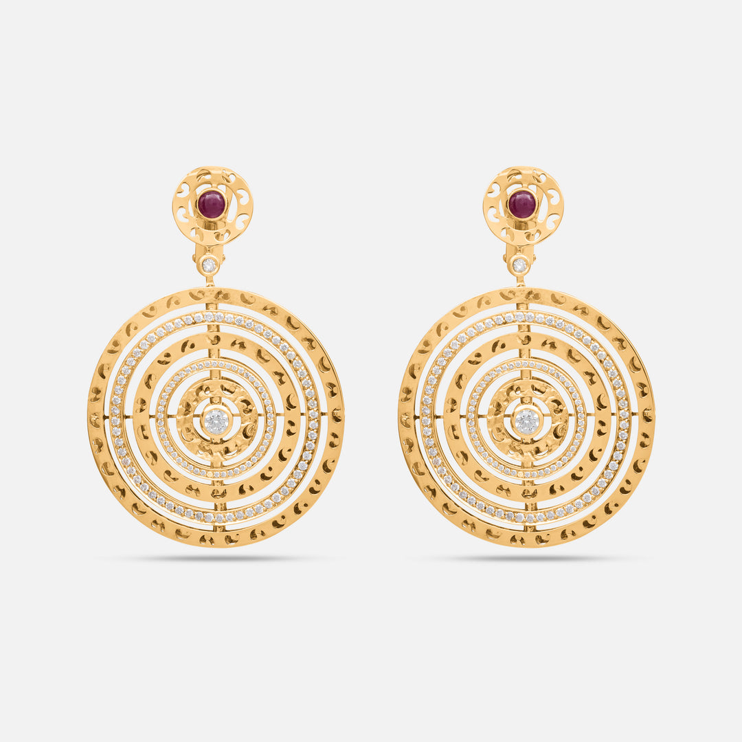 Amaia Twilight Earrings in 18k yellow gold with white diamonds and red sapphires.