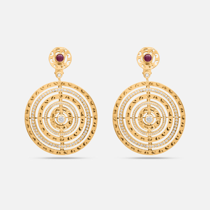 Amaia Twilight Earrings in 18k yellow gold with white diamonds and red sapphires.