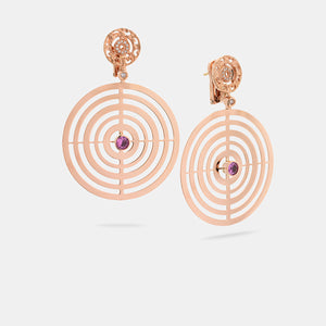Amaia Centric Twilight Earrings in 18k rose gold with white diamonds and red sapphires.