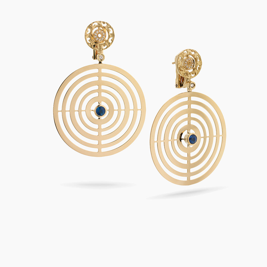 Amaia Centric Twilight Earrings in 18k yellow gold with white diamonds and blue sapphires
