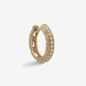 Marco Dal Maso Men Warrior Ornate Hoop Earring, gold-toned with intricate design, close-up view of the stylish jewelry accessory.