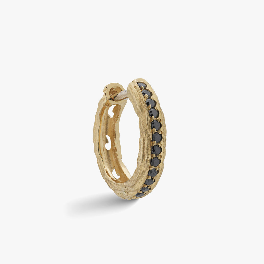 Marco Dal Maso Men Warrior ornate hoop earrings with intricate gold design, showcasing detailed craftsmanship and bold style.