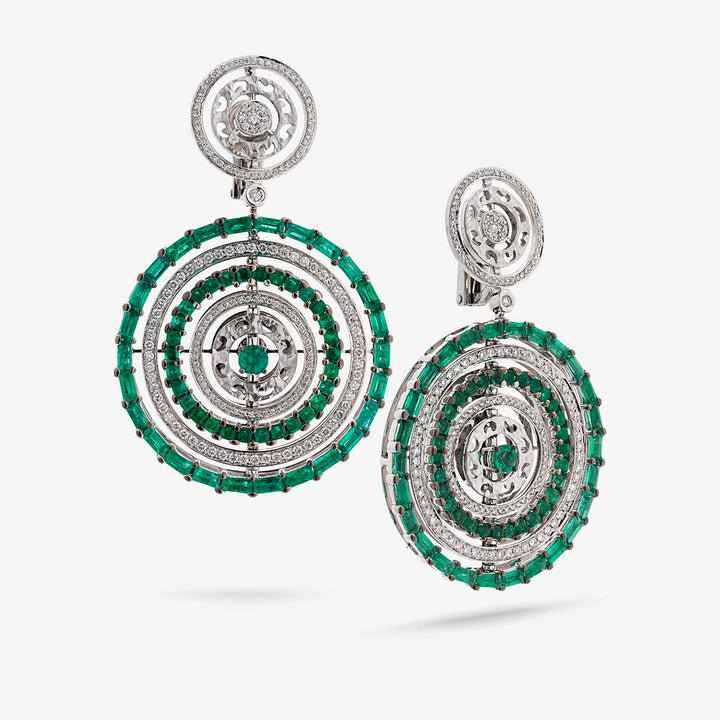 Amaia Twilight Baguette Earrings in 18k white gold with green emeralds and white diamonds