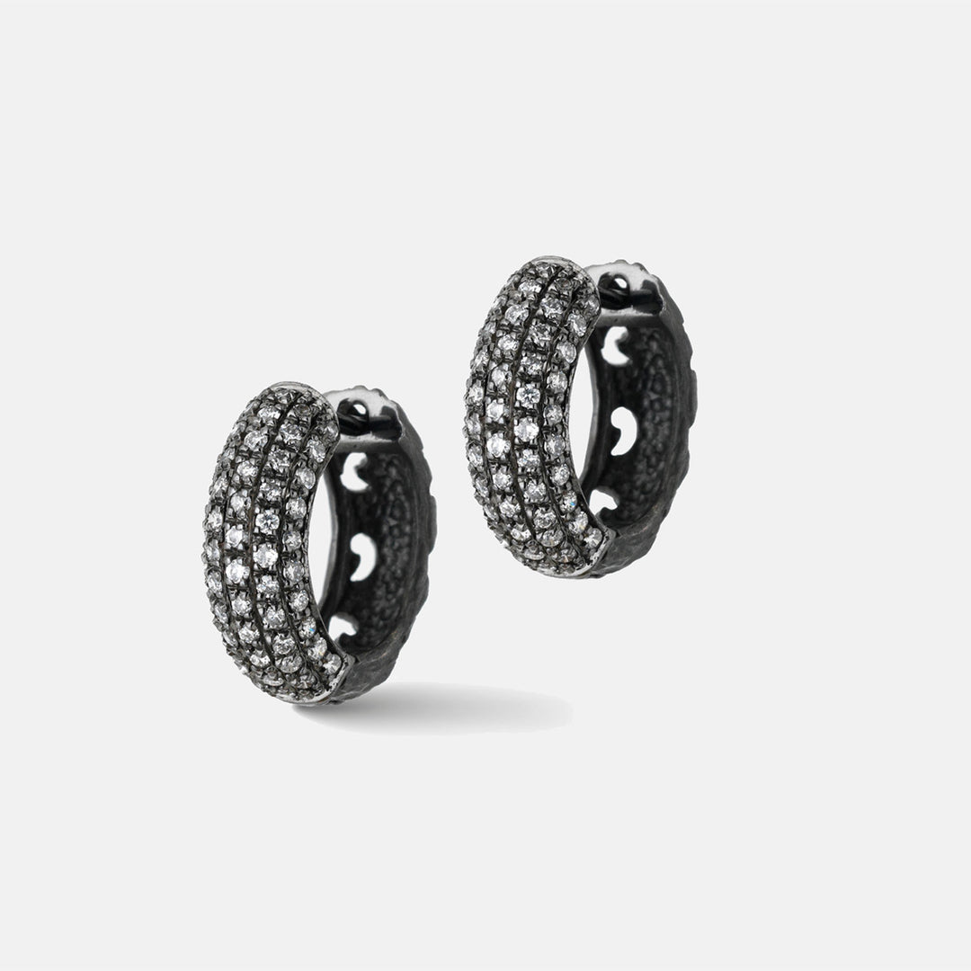 Warrior Hoop Earrings Black Gold White Diamonds-Standard View