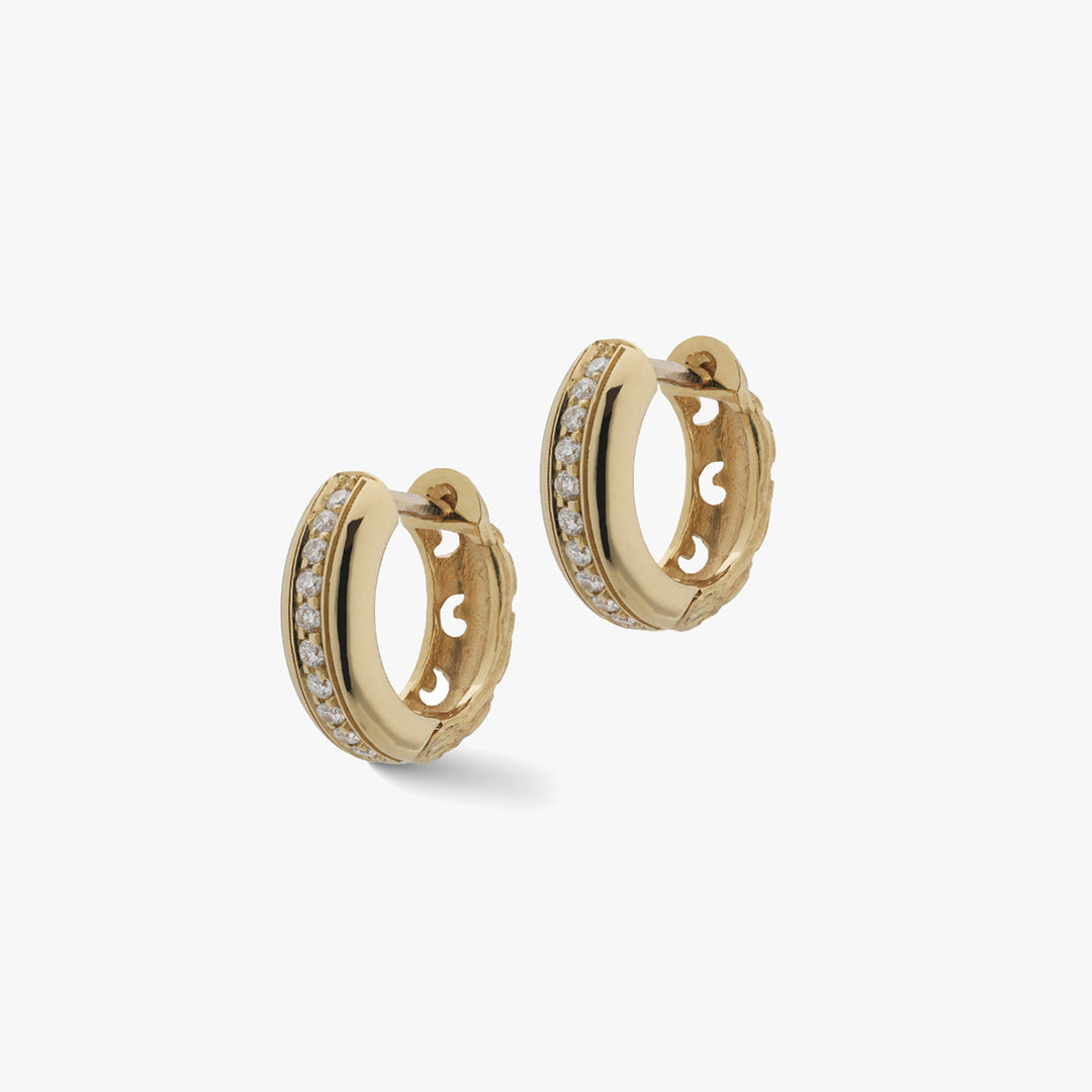 Warrior Hoop Slim Earrings Yellow Gold White Diamonds-Standard View