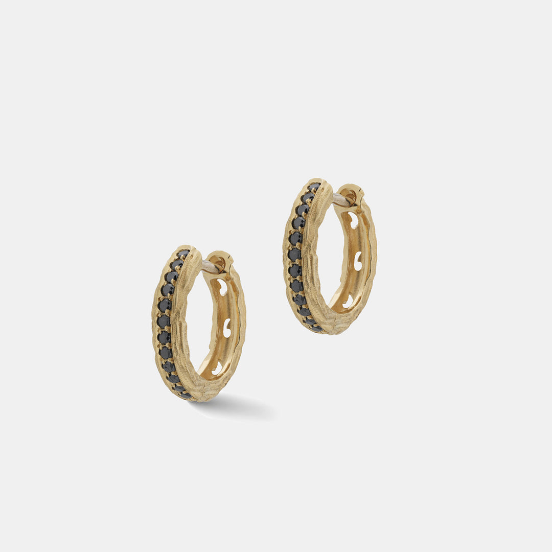 Warrior Moon Hoop Earrings Yellow Gold Black Diamonds-Standard View