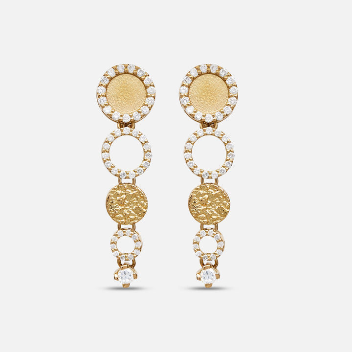 Frammenti Cascade Earrings in 18K yellow gold with descending circular diamond‑set discs.