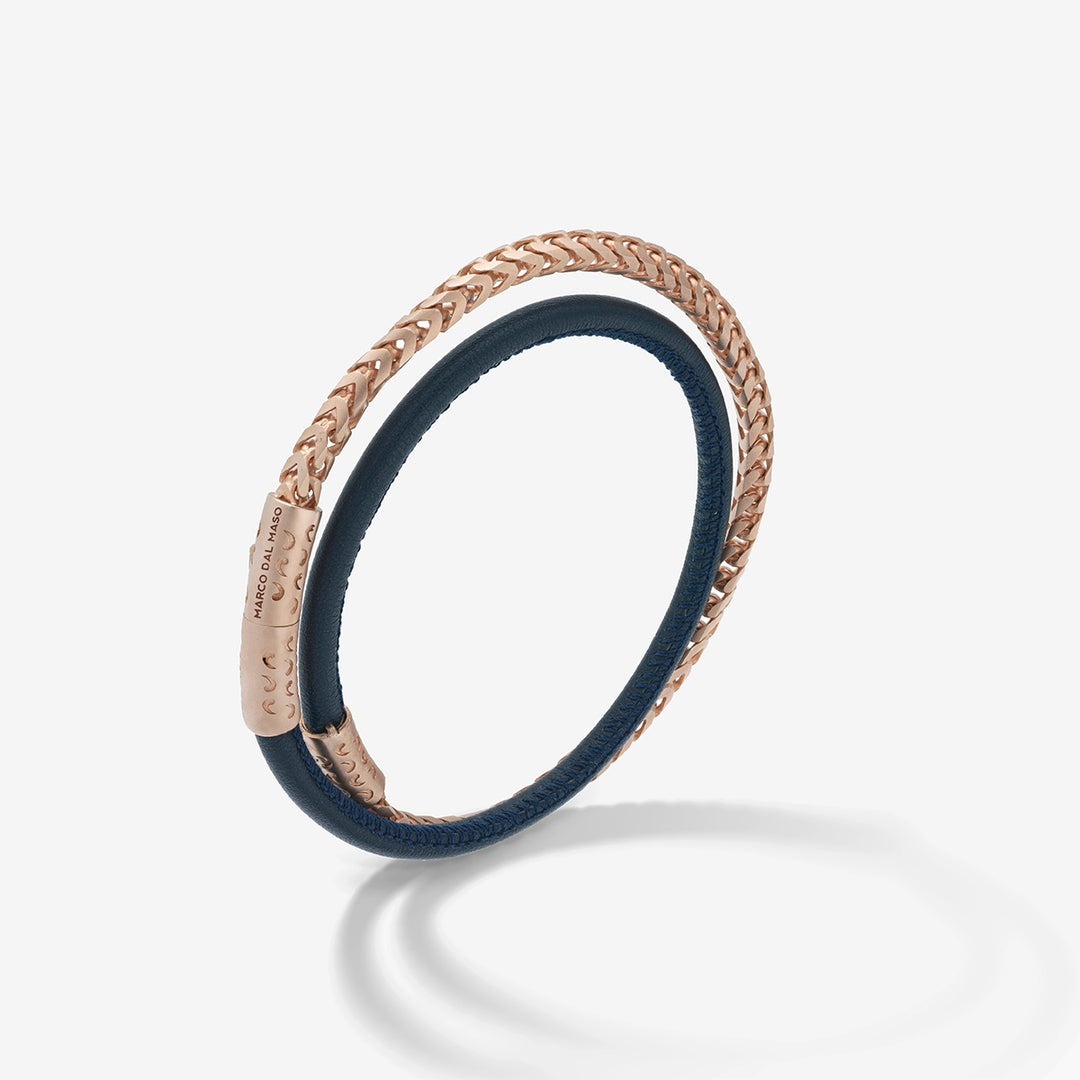 LASH Chain & Braided Leather Bracelet, Rose Gold Vermeil, Blue Leather-Standard View