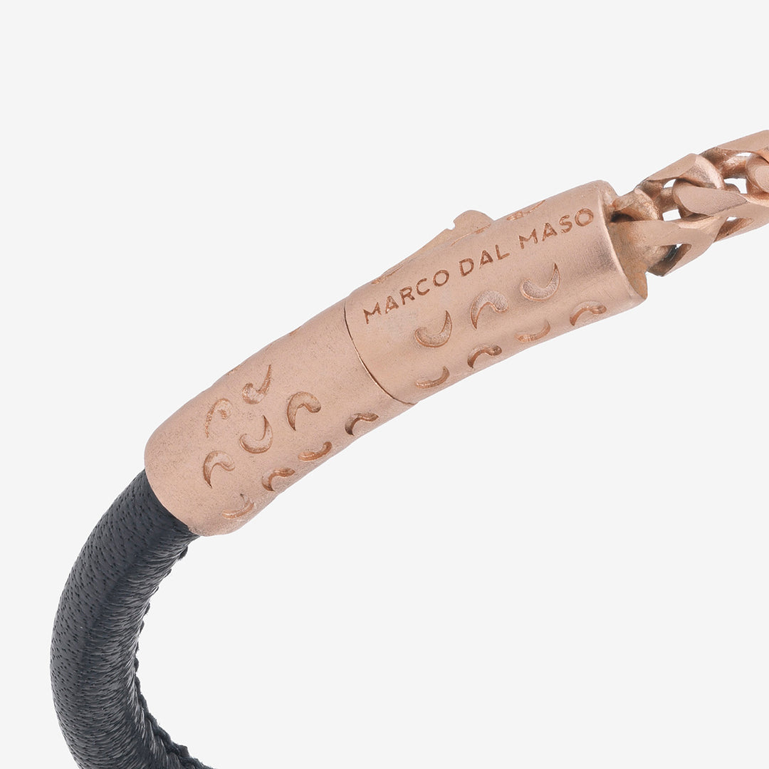 LASH Chain & Braided Leather Bracelet, Rose Gold Vermeil, Black Leather-Close View