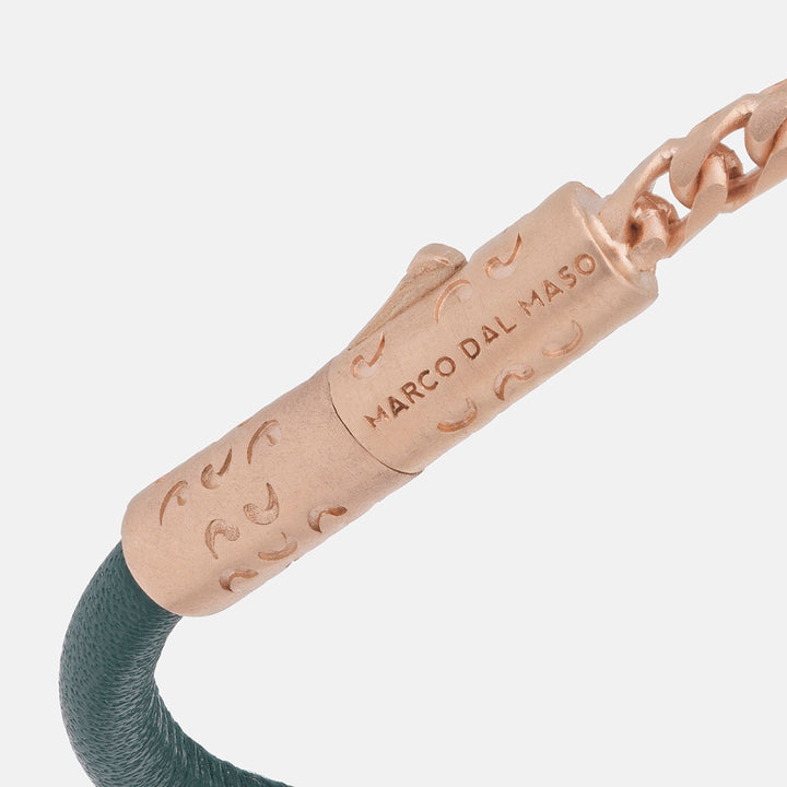 LASH Chain & Braided Leather Bracelet, Rose Gold Vermeil, Green Leather-Close View