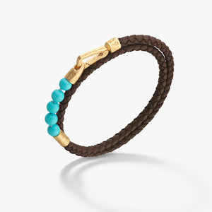 LASH 6 mm Beaded Double Bracelet, Yellow Gold Vermeil, Turquoise, Brown Leather-Standard View