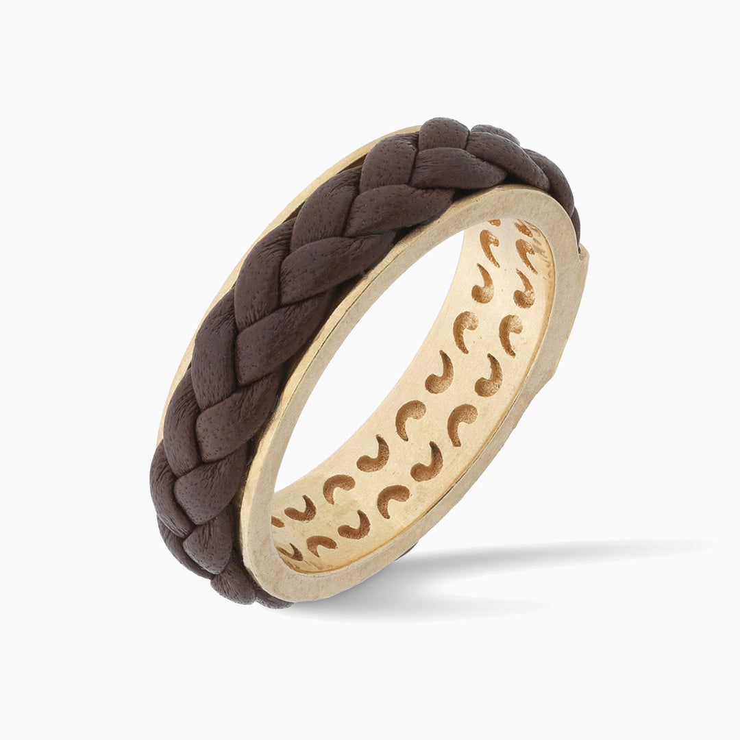 LASH Leather Braid Ring, Yellow Gold Vermeil, Brown Leather-Standard View