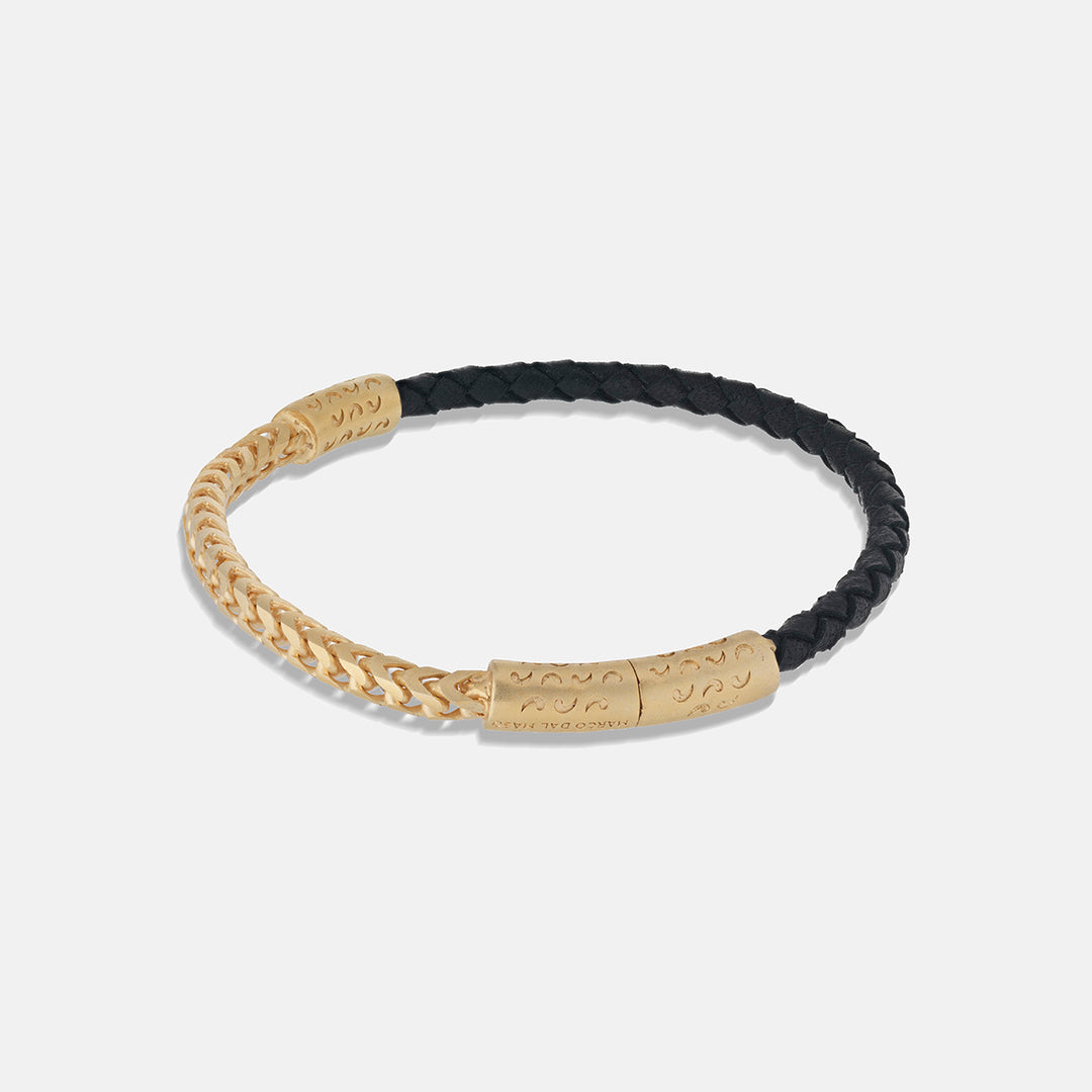 LASH Chain & Braided Leather Bracelet, Yellow Gold Vermeil, Black Leather-Straight View