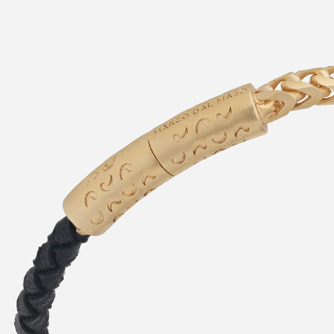 LASH Chain & Braided Leather Bracelet, Yellow Gold Vermeil, Black Leather-Close View