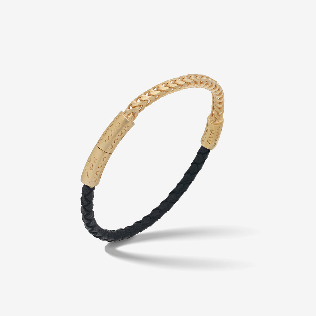 LASH Chain & Braided Leather Bracelet, Yellow Gold Vermeil, Black Leather-Standard View