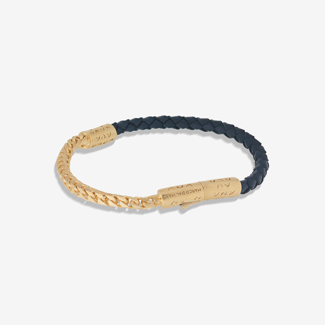 LASH Chain & Braided Leather Bracelet, Yellow Gold Vermeil, Blue Leather-Straight View