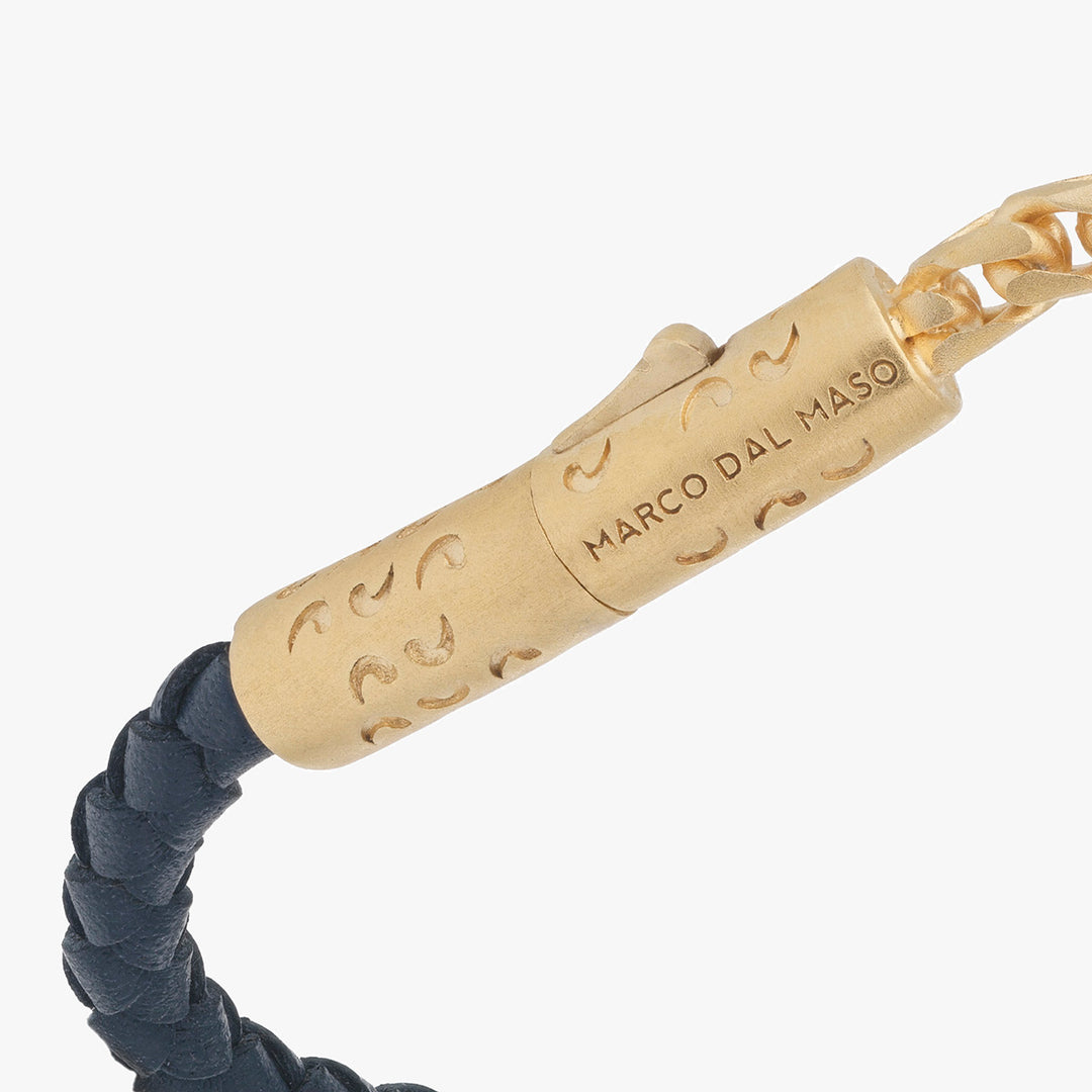 LASH Chain & Braided Leather Bracelet, Yellow Gold Vermeil, Blue Leather-Close VIew