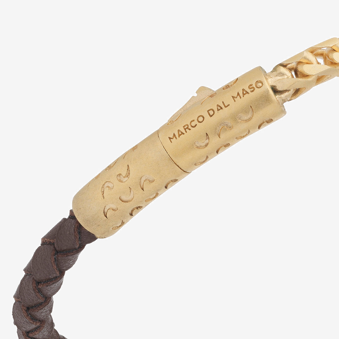 LASH Chain & Braided Leather Bracelet, Yellow Gold Vermeil, Brown Leather-Close View