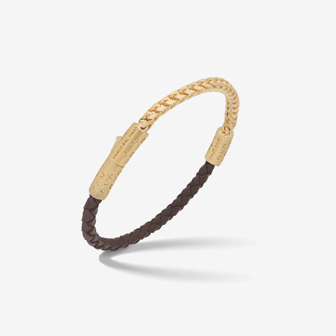 LASH Chain & Braided Leather Bracelet, Yellow Gold Vermeil, Brown Leather-Standard View