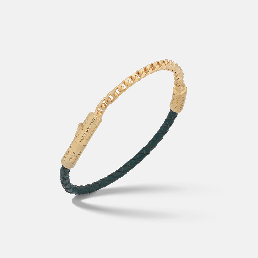 LASH Chain & Braided Leather Bracelet, Yellow Gold Vermeil, Green Leather-Standard View