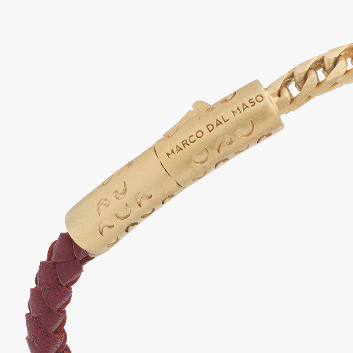 LASH Chain & Braided Leather Bracelet, Yellow Gold Vermeil, Red Leather-Close VIew