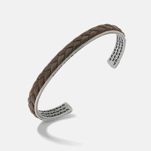 LASH Wide braided Cuff, Silver, Brown Leather-Standard View