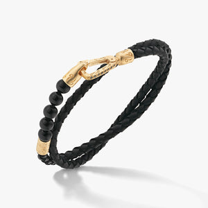 LASH 6 mm Beaded Diamond Double Bracelet, Yellow Gold Vermeil, Black Diamonds, Onyx, Black Leather-Standard View