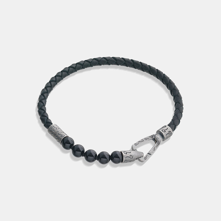 LASH 6 mm Beaded Bracelet, Silver, Onyx, Black Leather-Straight View