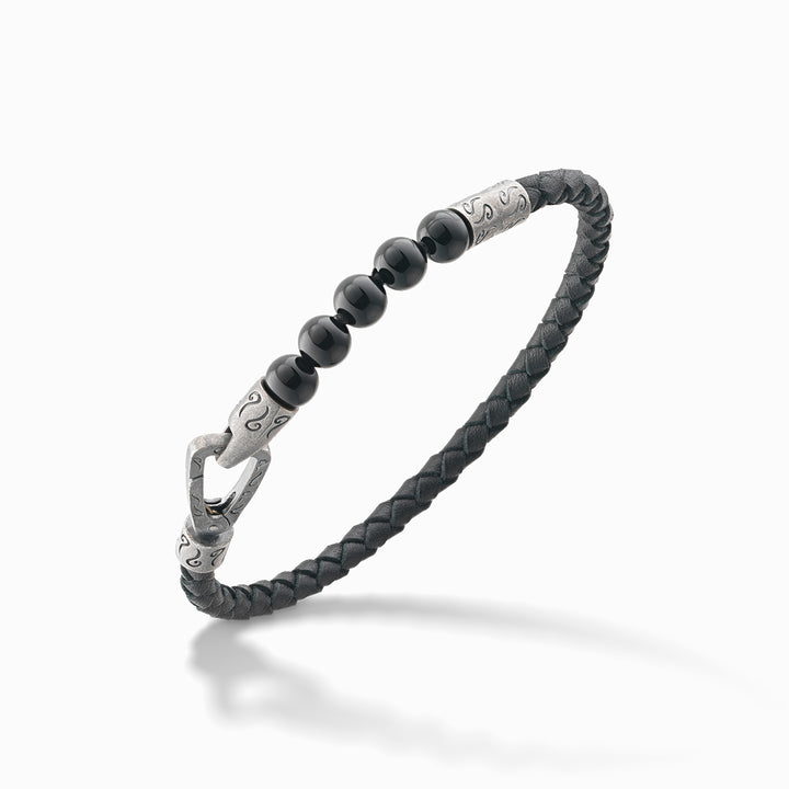 LASH 6 mm Beaded Bracelet, Silver, Onyx, Black Leather-Standard View