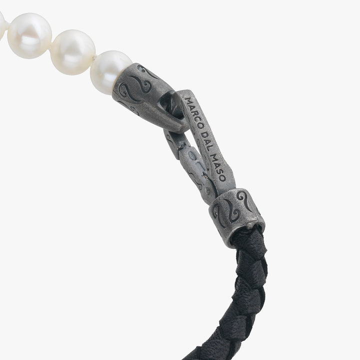 LASH 6 mm Beaded Bracelet, Silver, Pearls, Black Leather-Close View